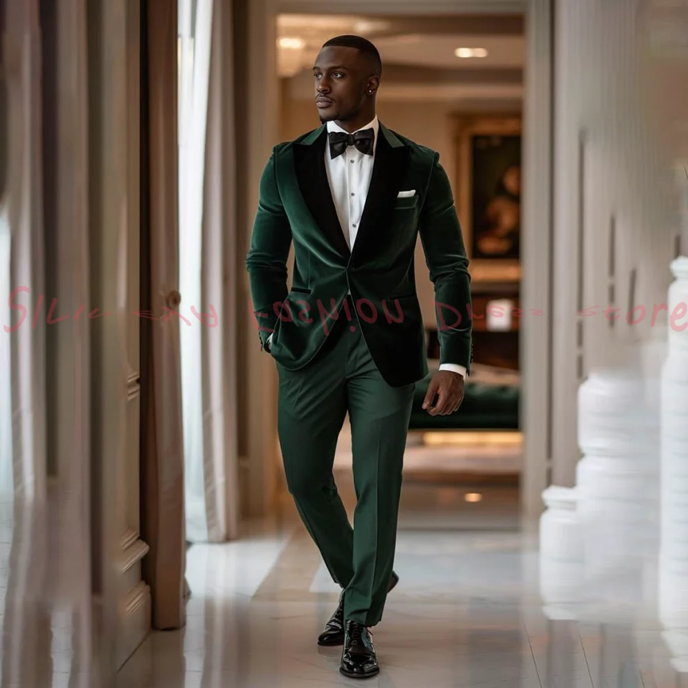 

Зеленый бархат для торжественных случаев, мужской костюм, деловые смокинги, жених, жених, свадебная вечеринка, выпускной, мужской комплект из 2 предметов, пиджак, брюки