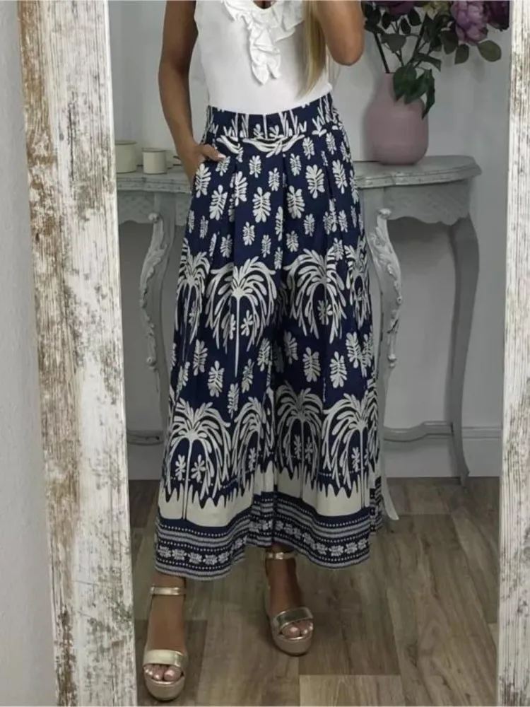 

Повседневные длинные брюки с принтом, женские модные широкие брюки с высокой талией для женщин, праздничная винтажная женская одежда в стиле бохо, новинка весны и лета