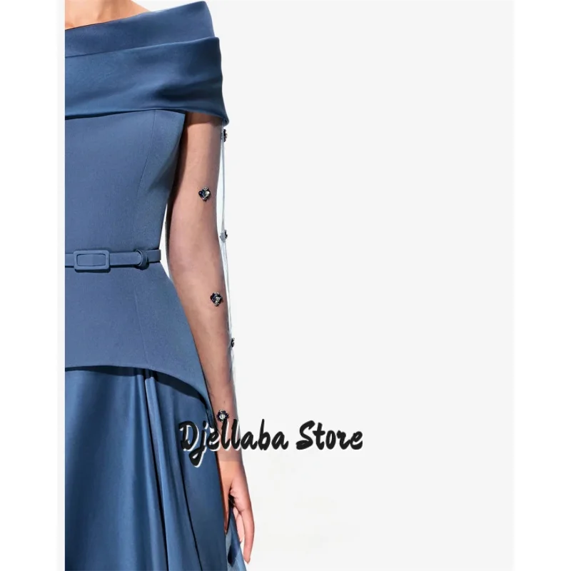 단정한 여성용 이브닝 가운, 오프숄더 미스티 블루 럭셔리 파티 가운, 맞춤형 A라인 드레이프 정장 이브닝 드레스