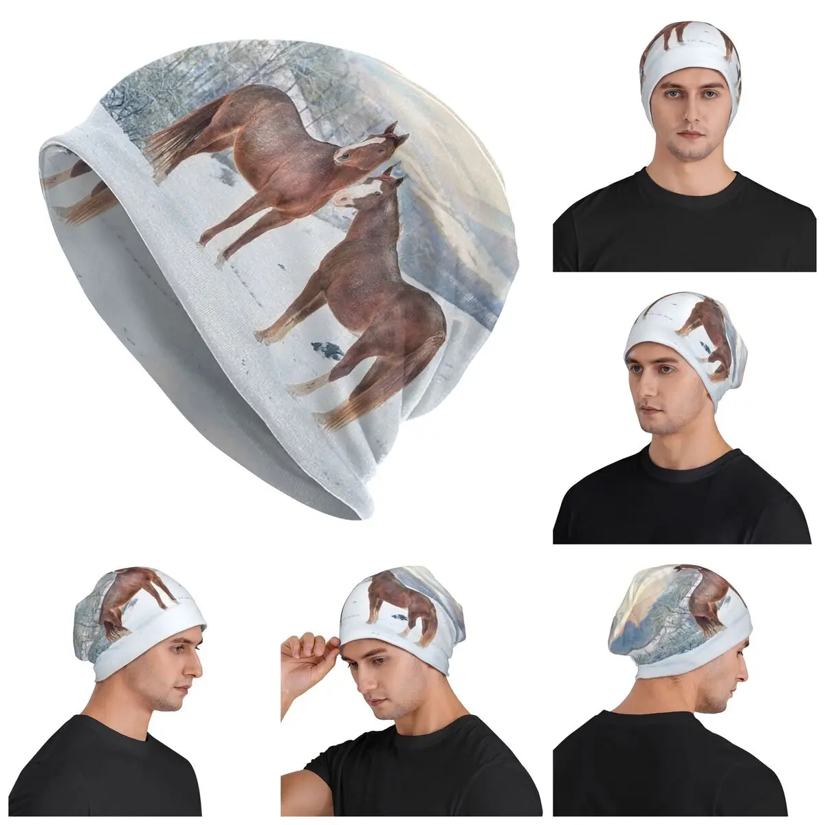 Horses With Snow And Sunset Hills Skullies Beanies Hats Warm Autumn Winter Outdoor Cap Knitted Bonnet Caps for Men Women Adult