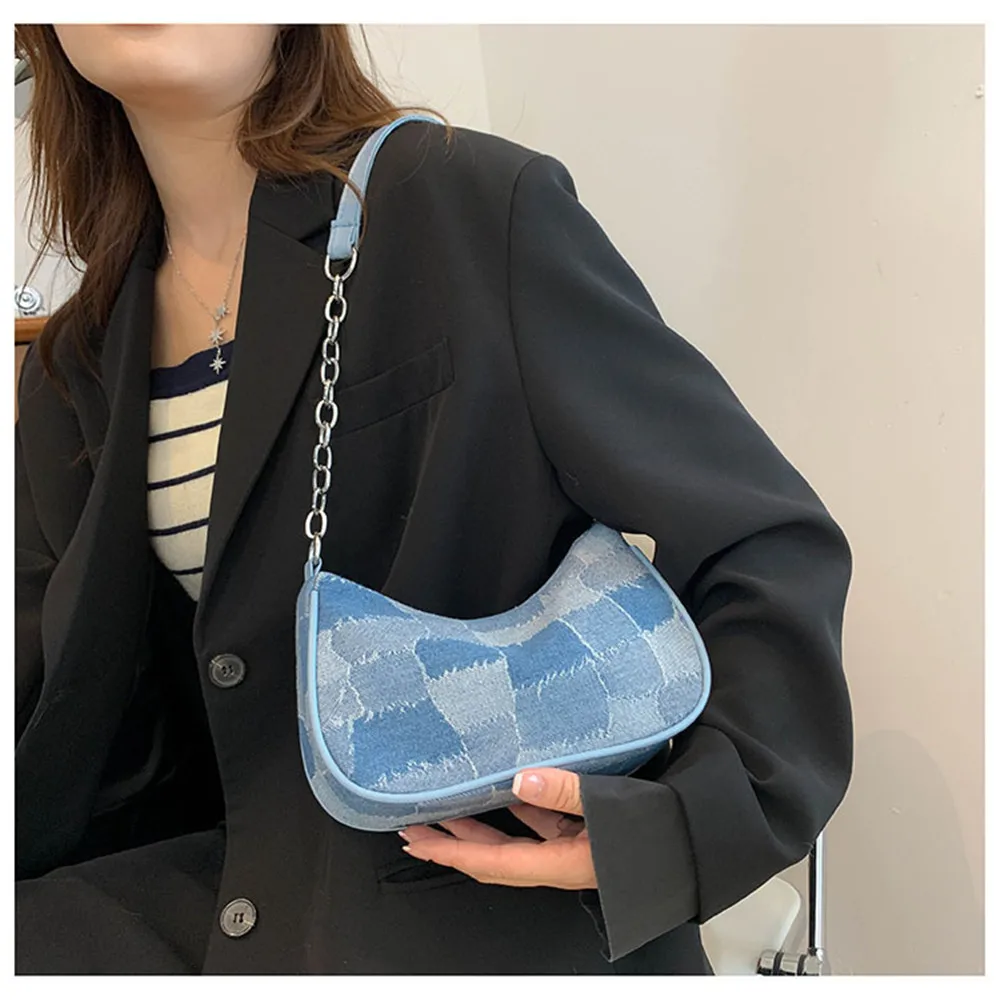 2023 New Fashion Small Square Bag Retro French Women Denim Plaid Pattern Totes Shoulder Bags Trend Female Underarm Chain Handbag