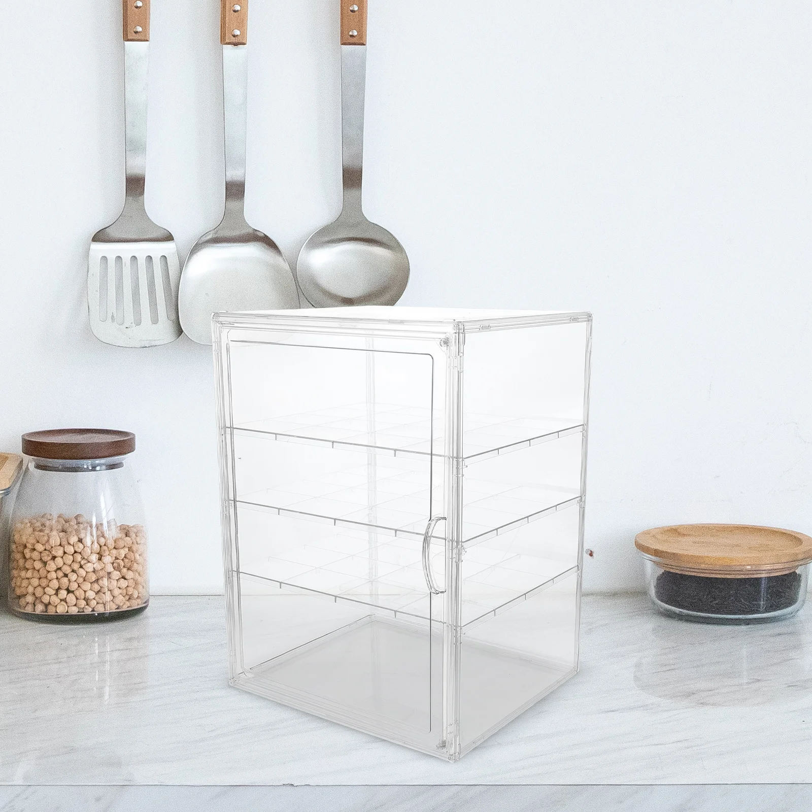 

Bakery Display Case Countertop 4-Layer Transparent Clear Adjustable Pastry Display Case Bread Box Kitchen Dessert Storage