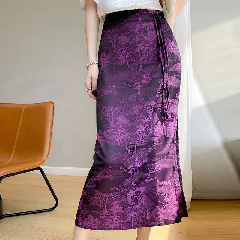 Satin Skirt Women's Summer Thin One-step Mid-length One-side Slit Chinese Style Retro Straight Skirt