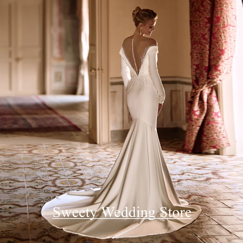 웨딩 드레스 인어 맞춤형 V 넥 긴 소매 구슬 장식 스팽글 스윕 트레인 환상 뒤로 버튼 신부 가운