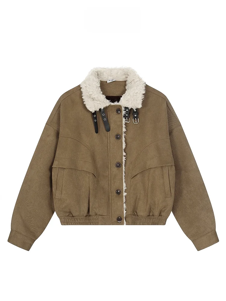 Casaco Feminino de Inverno Quente de Algodão com Forro de Veludo e Couro Sintético Estilo Retrô Americano, Manga Longa e Bolso - Novo Lançamento