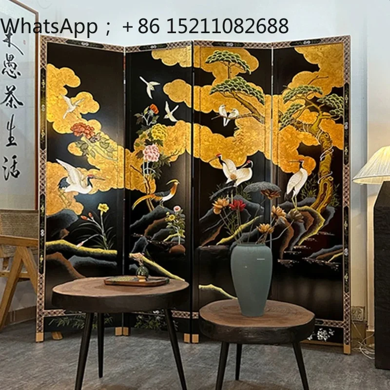 LLY pure hand-painted lacquer painting black background flower and bird screen partition entrance living room decoration