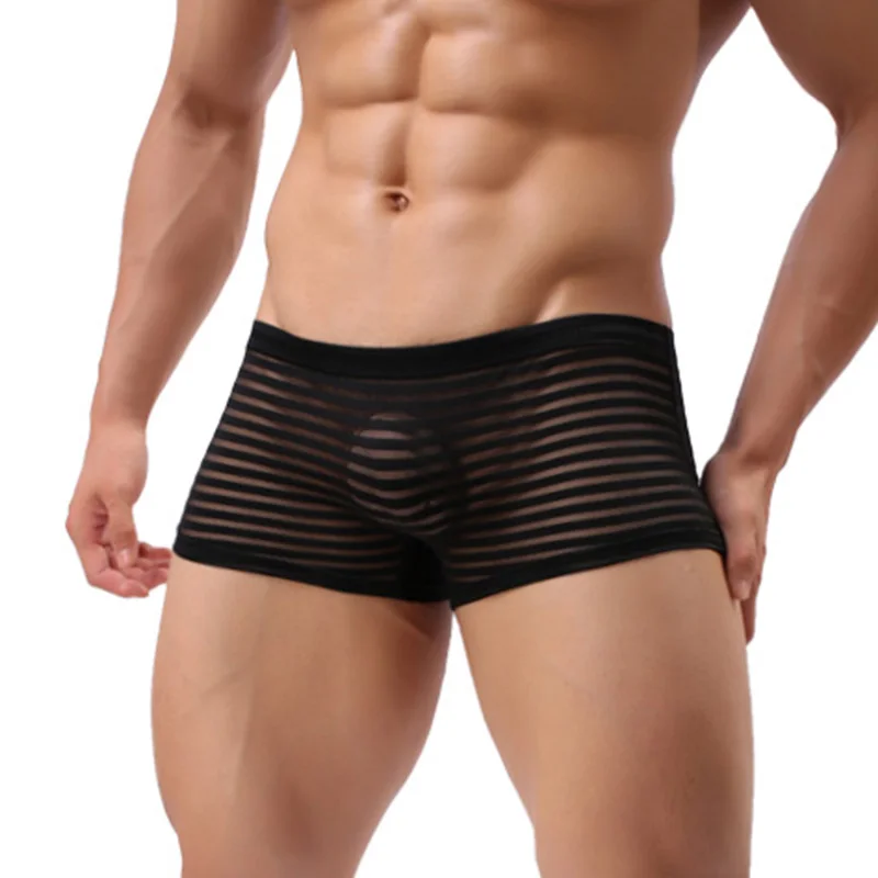 Men\'s Sexy Underwear See Through Breathable Mesh Boxer Shorts Transparent Striped Underpants Comfortable Male Hombre Thin Soft