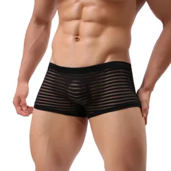 Sexy cueca masculina ver através de malha respirável boxer shorts transparente listrado cueca confortável masculino hombre fino macio