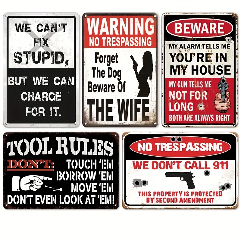 Retro Metal Tin Sign 5pcs Set - Fun Warning Signs, Suitable for Man Caves, Garages, Bars And Outdoor/Country-Style Wall Decorati