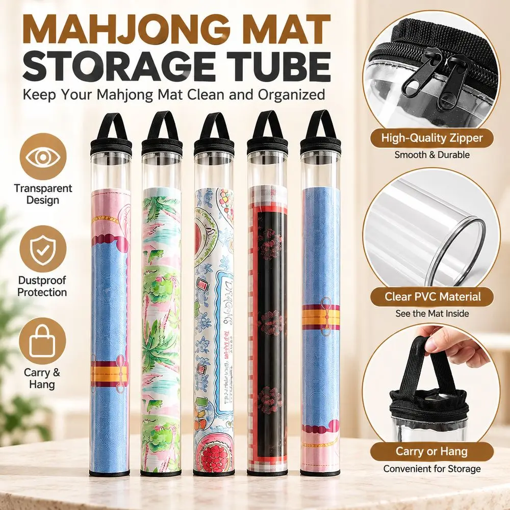 PVC Mahjong Mat Case Dustproof Carry Handle Mahjong Roll Storage Bag Hanging Loop Transparent Mahjong Mat Storage Tube