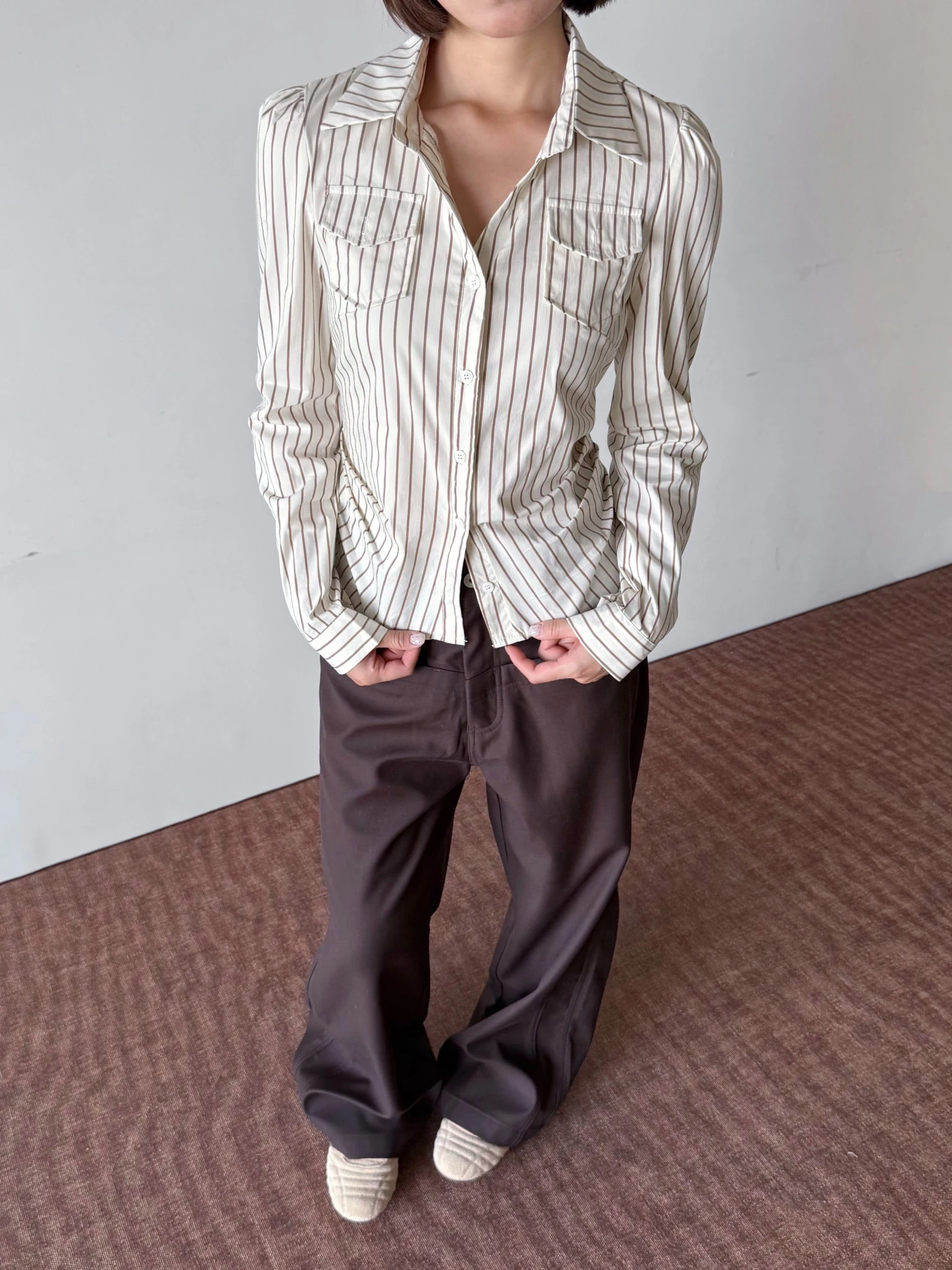 

Американский Sle Slim Fit Striped irt Женский Long Sve Винтажный дизайн oulder aphic Хлопковая смесь Faionable Модный