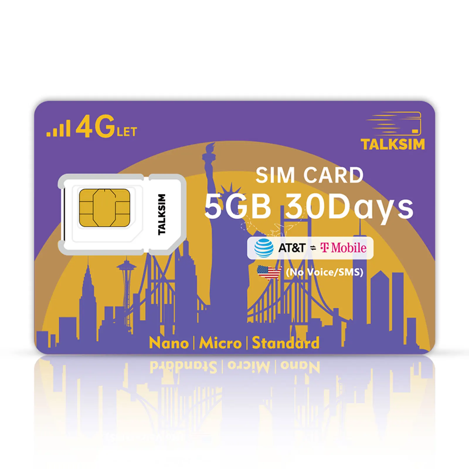 TALKSIM 4G Prepaid 3-in-1 Data SIM Card USA Kit for AT&T T-Mobile 5GB/30Day