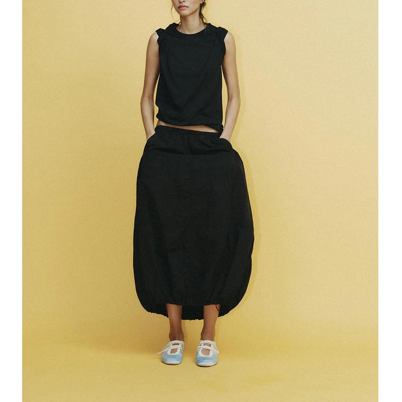 

Spring Summer Women's Balloon Sle Adjustable Hem Clip Decorated Nylon Midi Skirt Flared A-Line Silhouette l Waist
