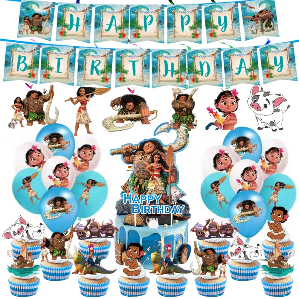 Disney-Birthday Party Decoration Moana Maui Balloons Disposable Tableware Ceiling Baby Shower Kids Girls Party Supplies