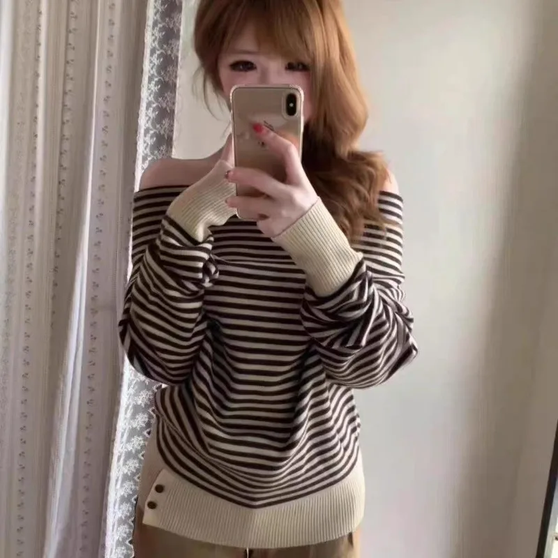 Korean Early Autumn Atmosphere Wear Striped Loose One-word Shoulder Knitted Sweater Women's Autumn Winter Off-the-shoulder Top