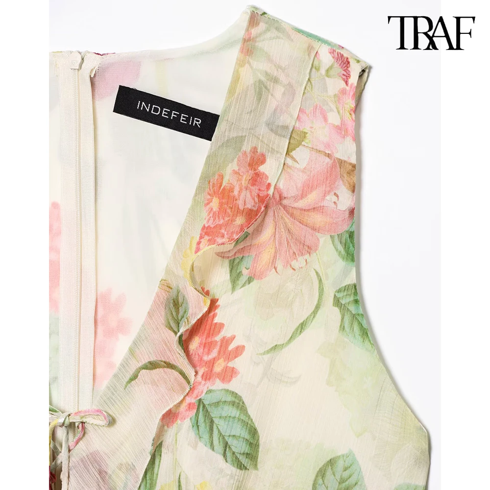 فستان نسائي جديد مطبوع بلا أكمام مطبوع من TRAF فستان نسائي جديد بدون أكمام Y2K فستان نسائي مثير برقبة على شكل V مجوف شاطئي 2025 صيفي مزاجية ملابس نسائية #4