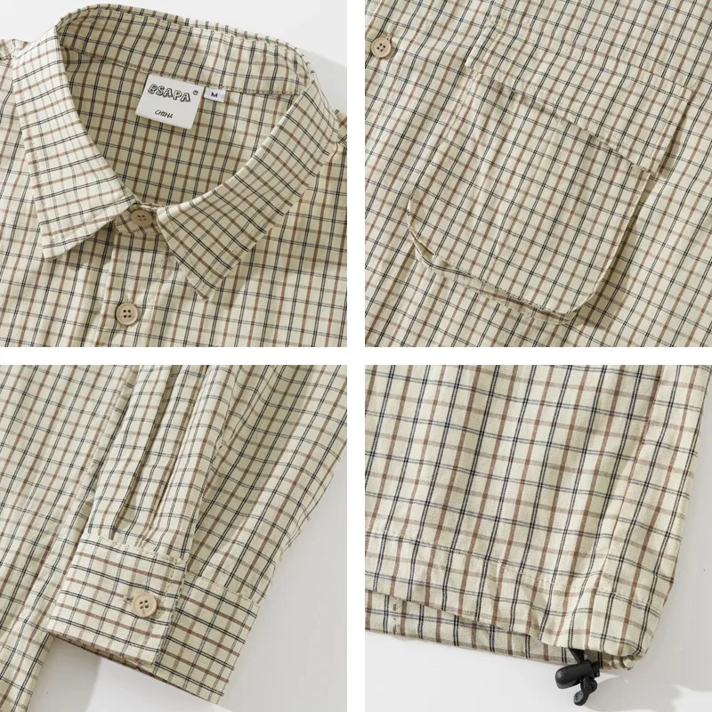 WVGA 2026 Spring New Men's Plaid Trendy Long Sleeve Shirt Niche Chic Casual Three-Dimensional Pockets Drawstring Hem Tops W20518