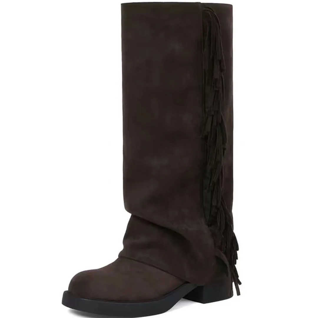 Women Fringe Slouch Knee High Boots Faux Suede Western Cowboy Boots Round Toe Low Block Heel Fashion Long Boots Botas Mujer