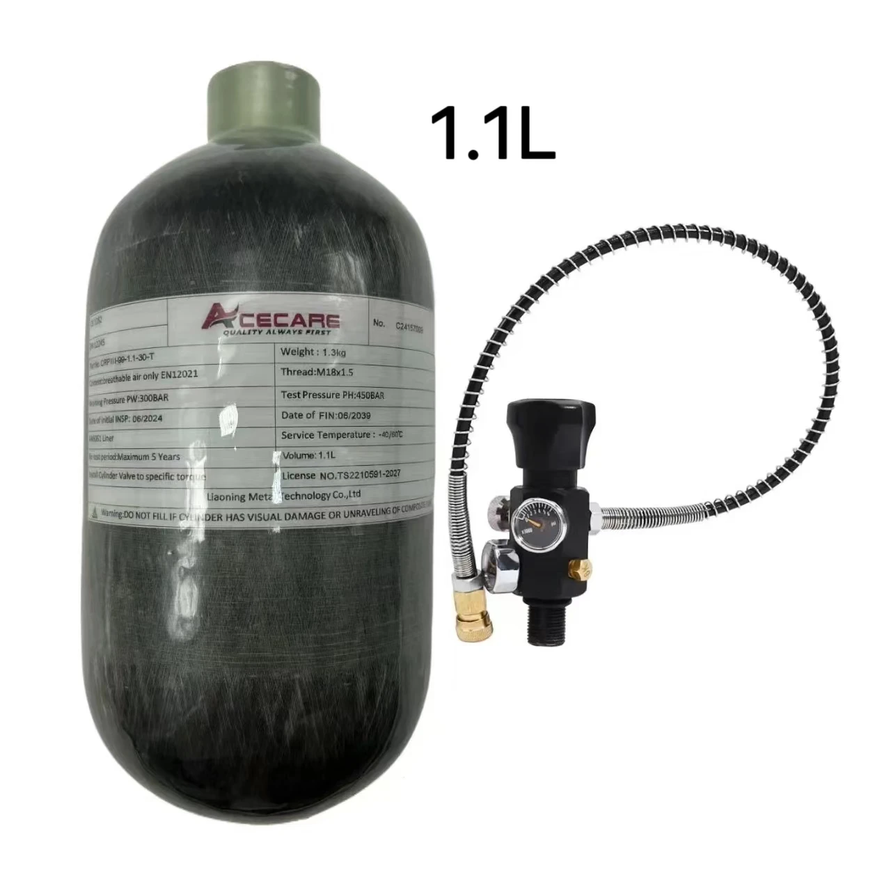 Acecare 1.1L Carbon Fiber Cylinder with Regulating Valve 4500Psi 300Bar Compressed Air Bottle HPA Tank for Scuba Diving M18*1.5