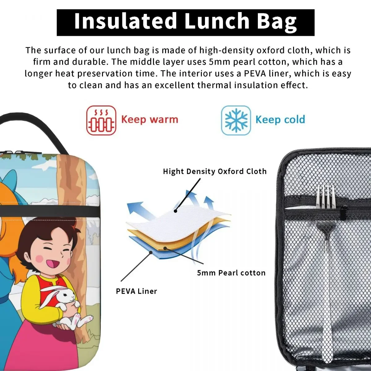 Heidi Cartoon Insulated Lunch Bag for Work School Alps Cartoon Mountain Portable Cooler Thermal Bento Box Women Kids