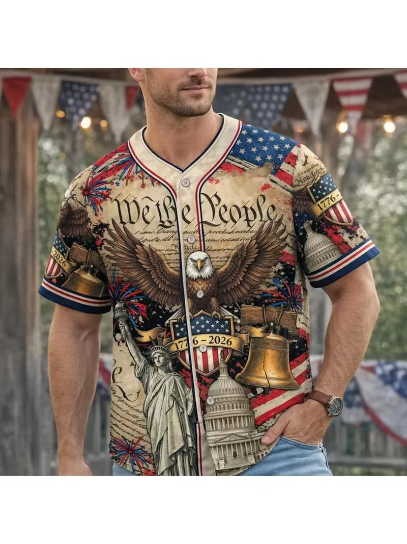 

America 250 Years 1776‑2026 Baseball Jersey For Men Red American Flag Star Ribbon Print Short Sleeve Button Down Sports Shirt