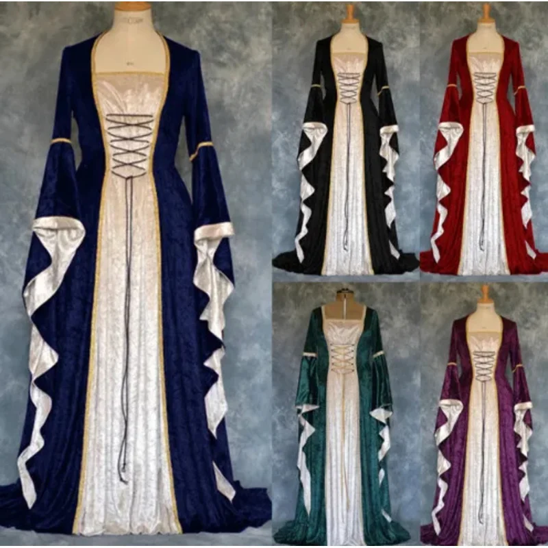 Cross-border Halloween COS Europe and the United States gold velvet belted bell sleeves retro medieval long dress