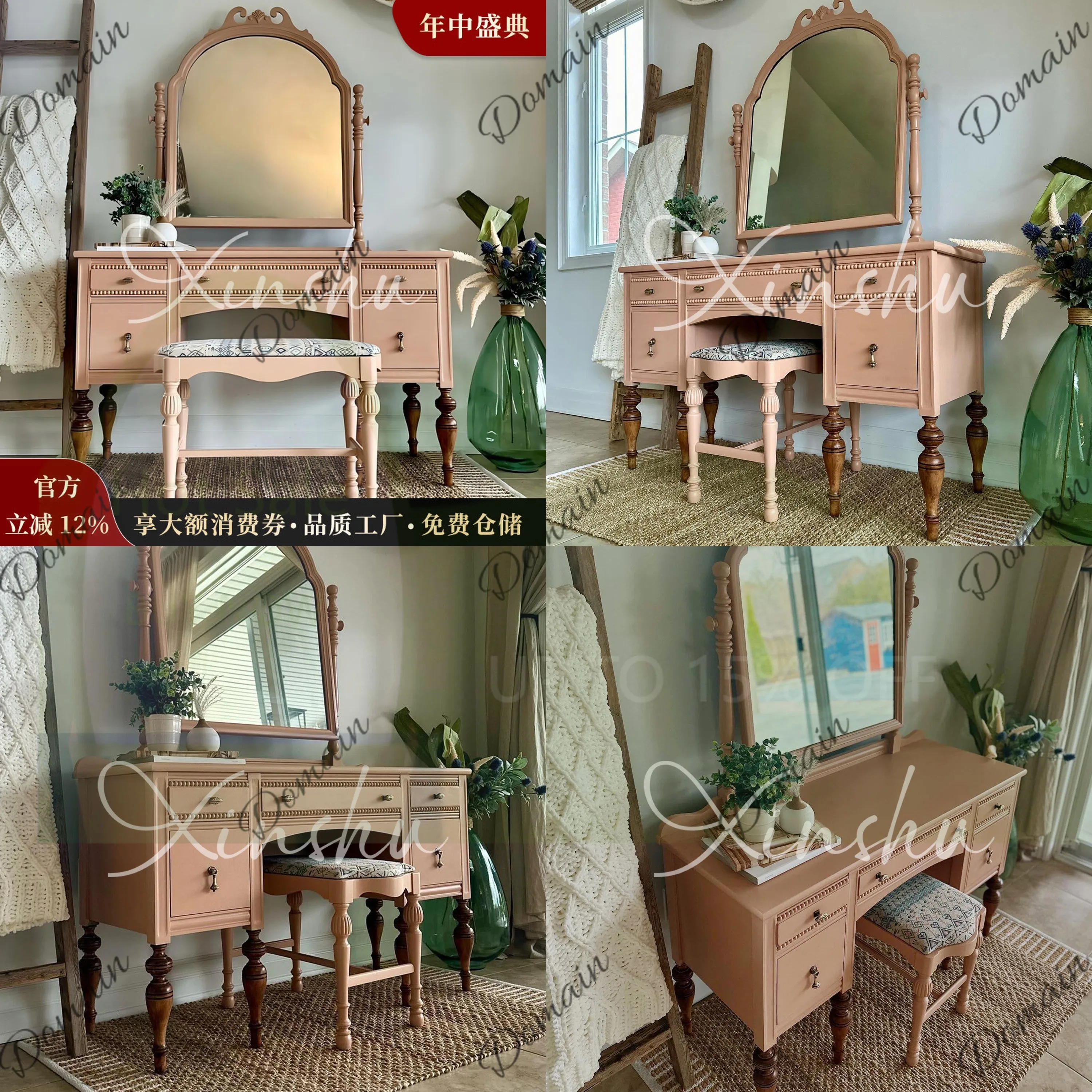 L44 French Carved Solid Wood Dressing Table Vanity Set with Mirror & Stool, Small Space Bedroom Makeup Desk with Storage Drawers