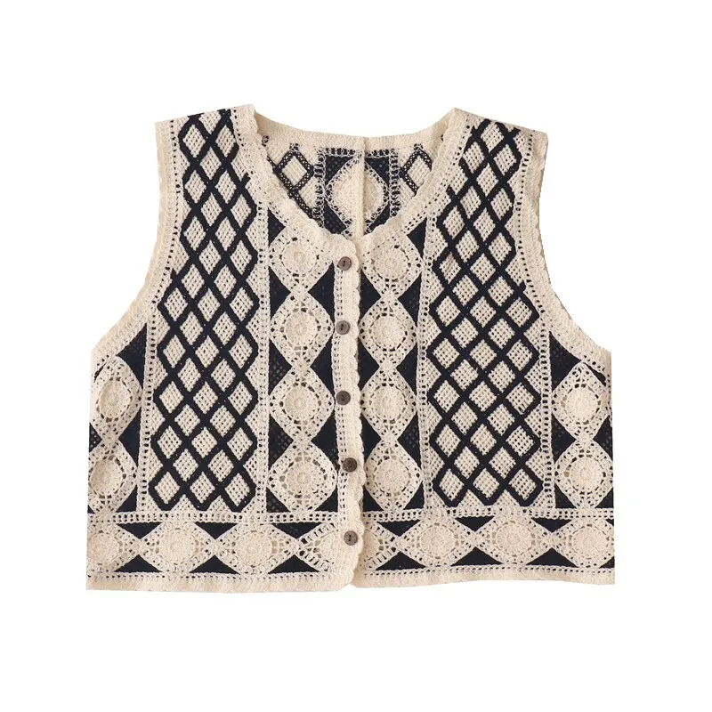 Boho Argyle Button Down Crochet Vest for Women Sleeveless Cardigan Openwork Knit Waistcoat Summer Vintage Vacation Beach Outfit view 2