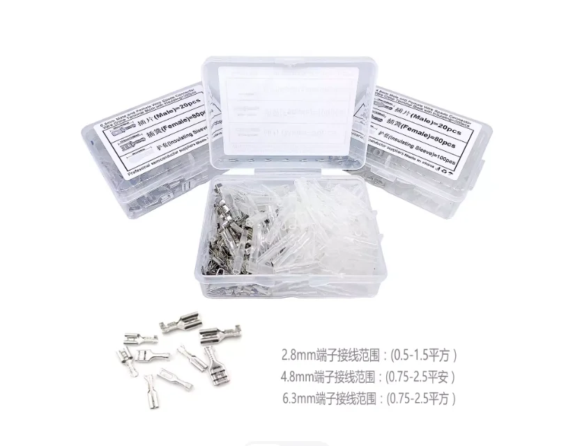Block 0.5mm2-1.5mm2 Spade Crimp Terminal Female Male Connector Kit  Pliers Insulating Sleeve 2.8mm/4.8mm/6.3mm Wire 22-16 AWG