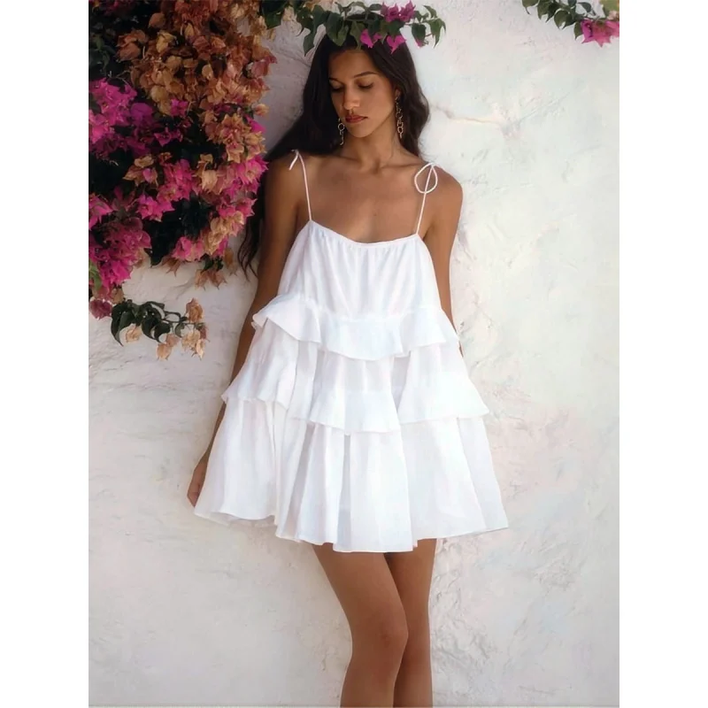 

CAHXIAOA Women Summer Dresses Short Layered Ruffle Cake Dress Sweet Fresh Backless Halter Party Clothing Fashion New Style