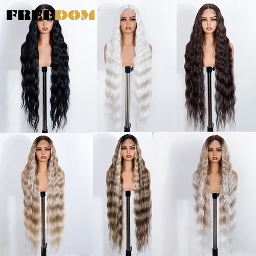 Imagen 2 del producto Peluca con malla frontal sintética FREEDOM, pelucas de encaje onduladas de cuerpo súper largo y profundo de 36 pulgadas para mujeres, pelucas rubias marrones ombré, peluca de Cosplay blanca