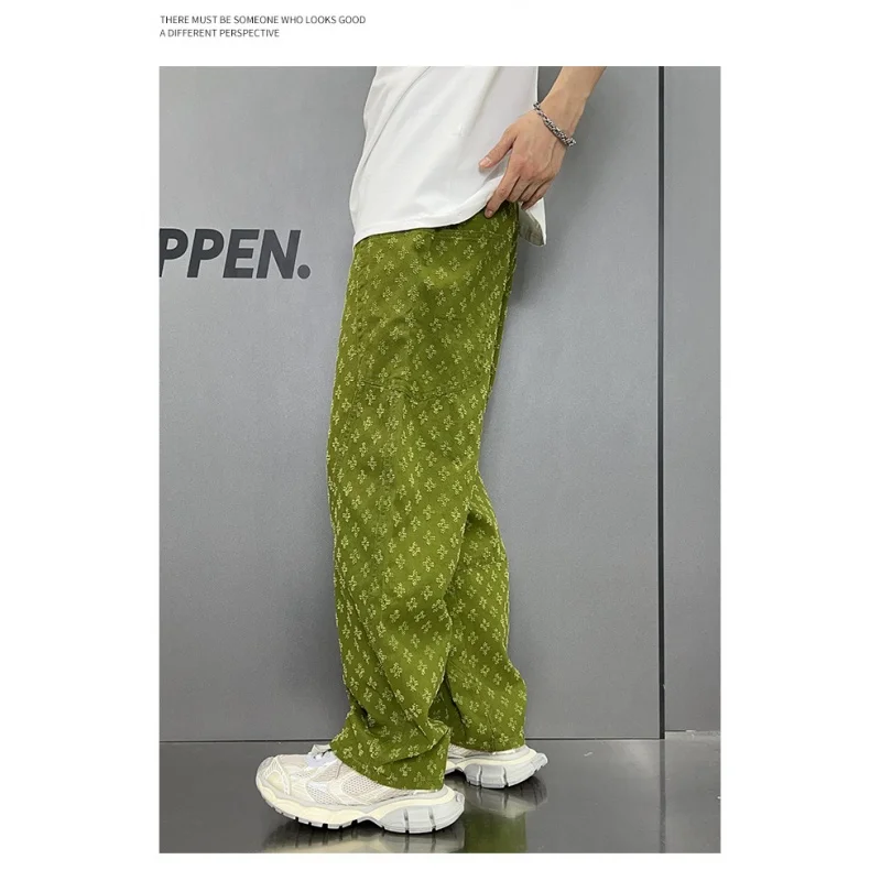 Street American vintage jacquard straight jeans men's wide-leg jeans Y2K fashion streetwear loose pants green pantalones hombre