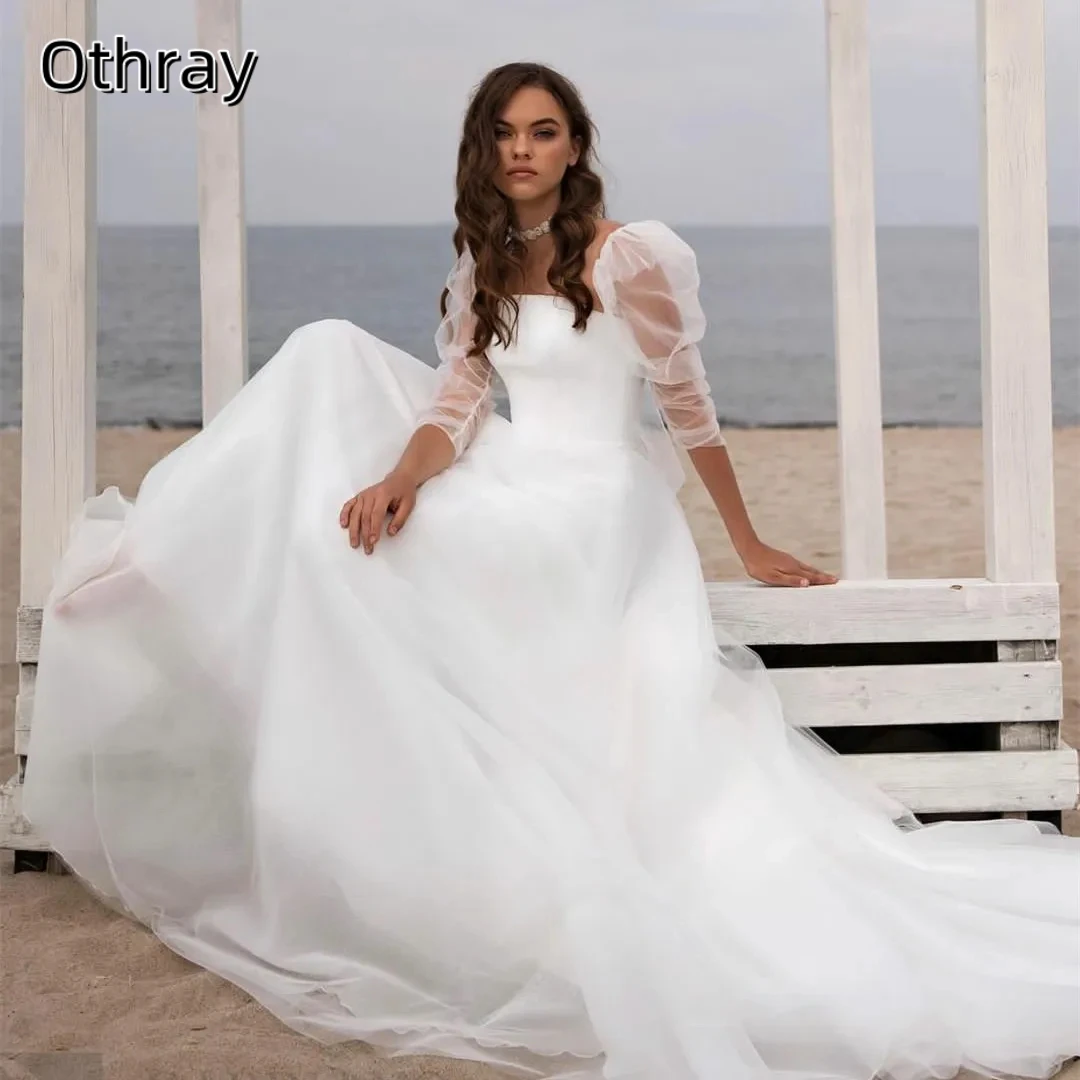 Othray Elegant Tulle Long Wedding Dresses Half Sleeve A-Line Strapless Sweep Train Corset Back Vestidos de novia for Women