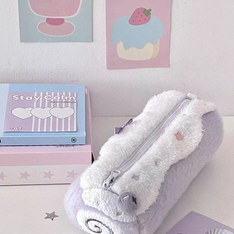 1PC Cute Cream  Roll Plush Pencil Case Large Capacity School Student Stationery Storage Bag