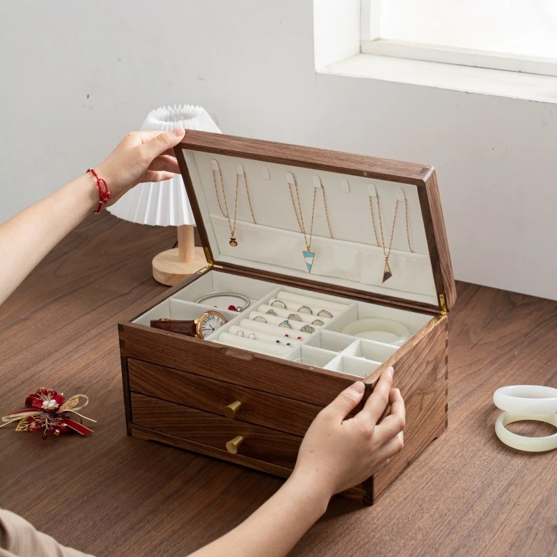 

Jewelry Storage Box Black Walnut Home Ring Stud Earrings Storage Box Flip Large Capacity