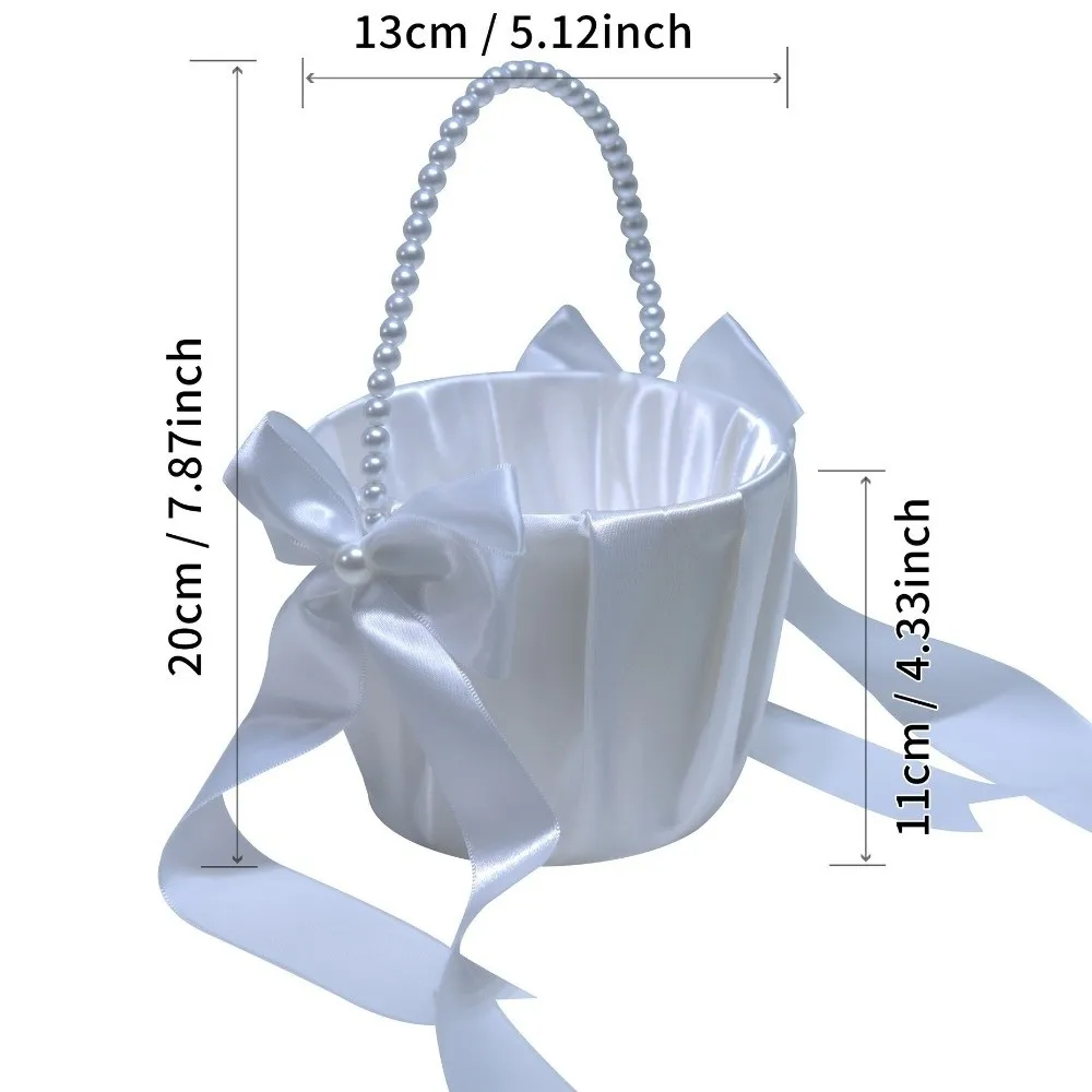 Satin White Wedding Flower Basket Vintage Elegant Pearl Handle Basket Classic Rustic Bowknot Flower Girl Basket Photoshoot Prop image 6