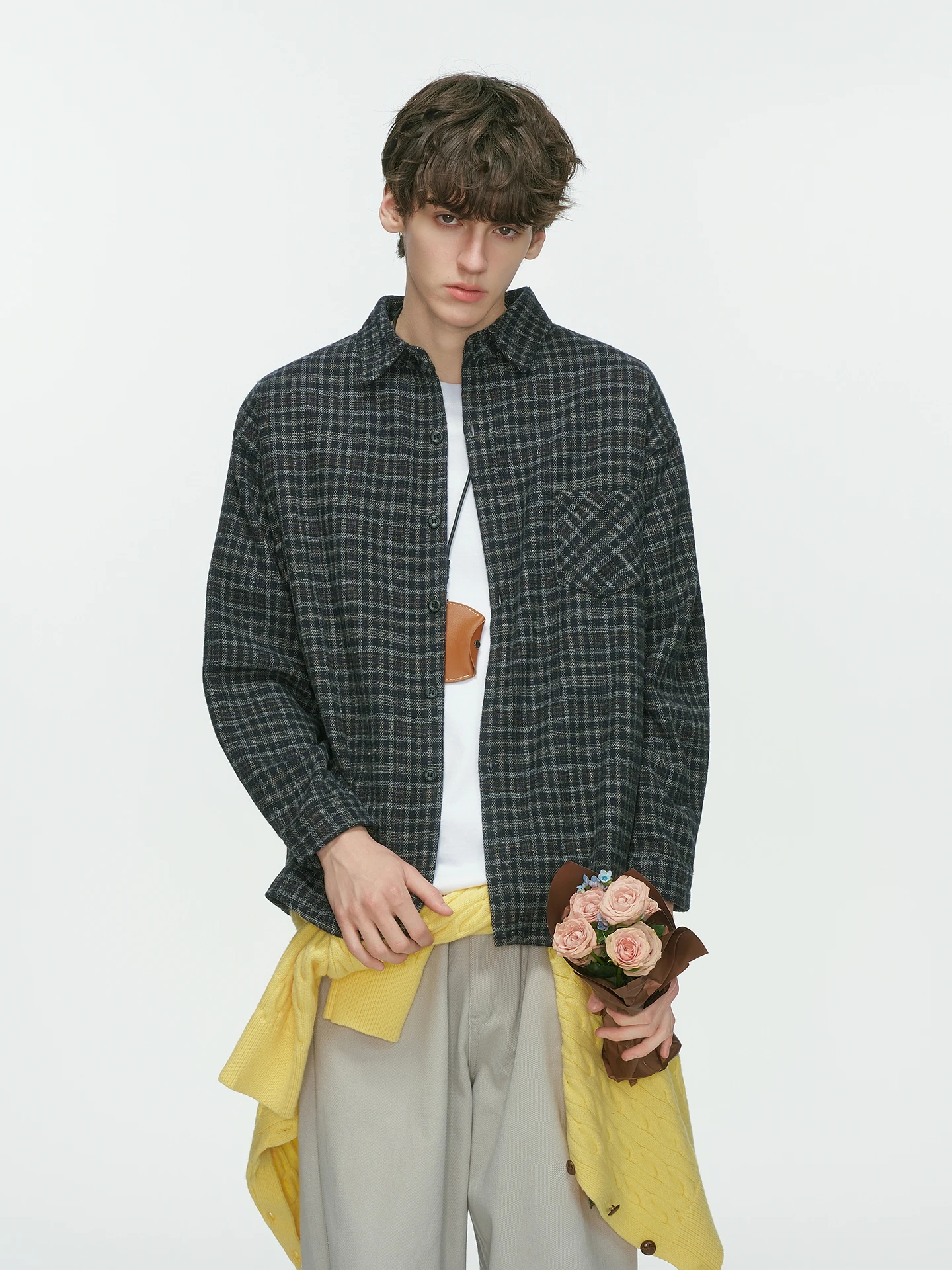 Retro American Brown Plaid Woolen Shirt Men's Long Sleeve Inner Wear Casual Loose Fit Autumn Season Fashionable Youth Shirt