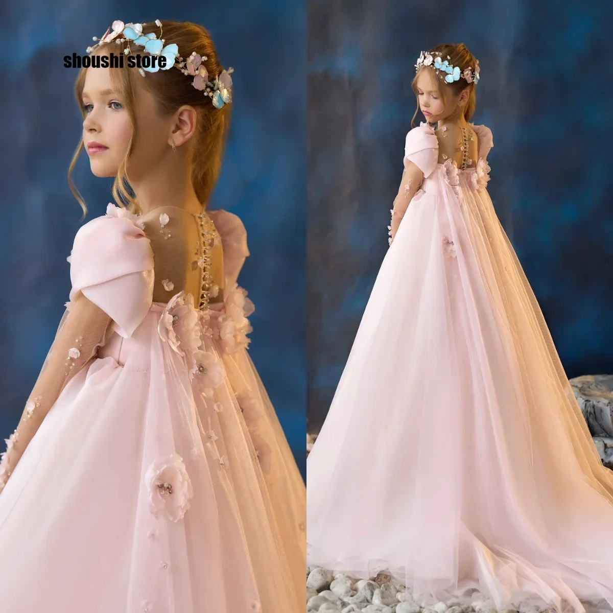 Pink Flower Girl Dresses Little Girl's Birthday Party Gowns Customized Beaded Long Sleeve Baby Kids First Communion Dresses