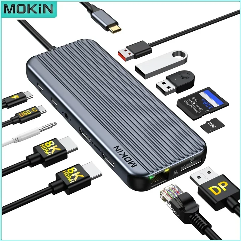 MOKiN 12 in 1 USB C Hub Docking Station USB3.1 HDMI 4K60Hz PD 100W RJ45 1Gbps Audio for MacBook Air/Pro iPad Thunderbolt Laptop