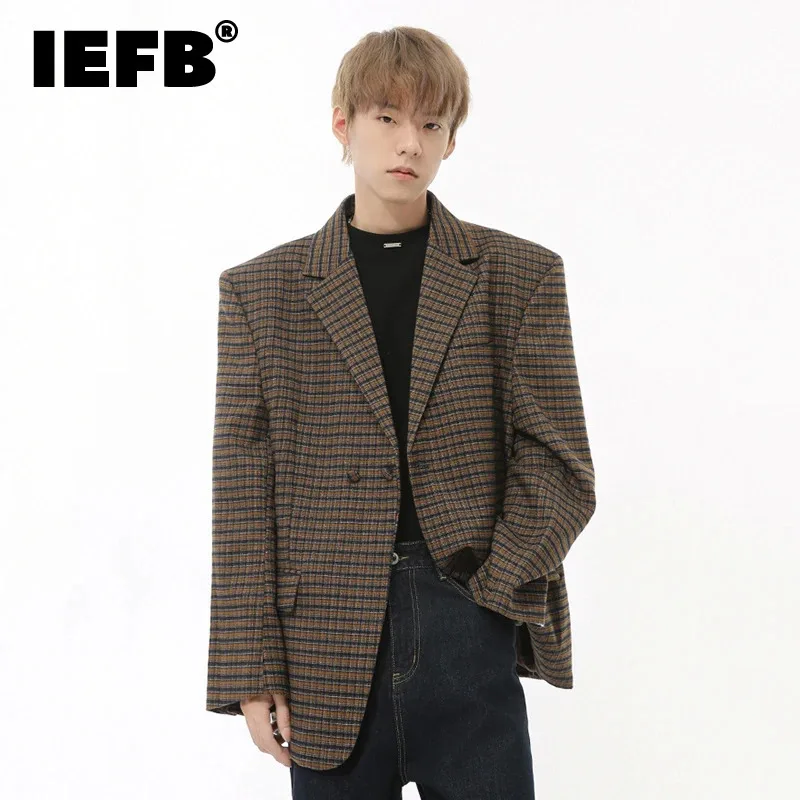 

IEFB British Style Men's Blazers Vintage Double Breasted Plaid Design Casual New Autumn Loose Male Suit Jackets Trendy 9C7869