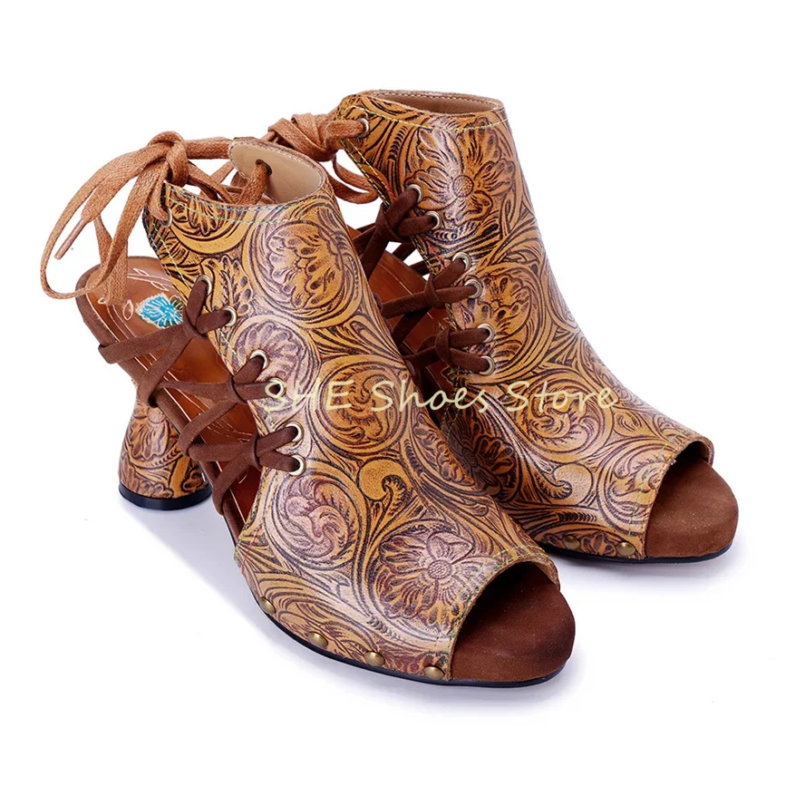 

Женские сандалии ручной работы из натуральной кожи в стиле ретро с тотемным принтом, туфли-лодочки с открытым носком на высоком каблуке и ремешком, женские вечерние модельные туфли