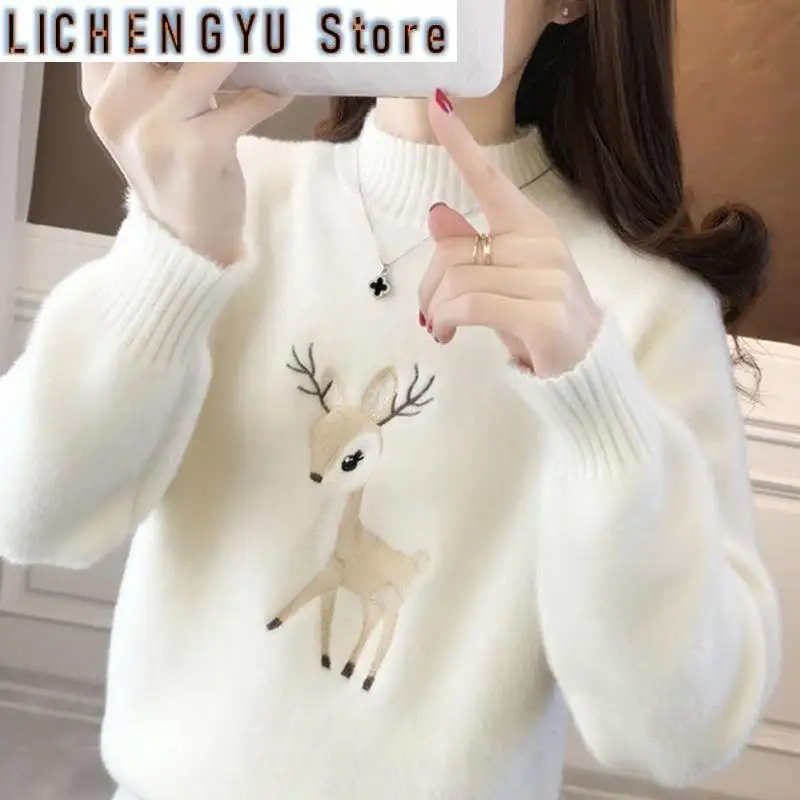 New Christmas Turtlenecks Sweater Deer Embroidery Women Faux Mink Cashmere Pullover Warm Jumper Elegant Party Night Year Tops