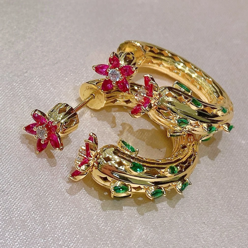 925 Silver Lab Red Corundum Green Emerald Gemstone The Desert Flower of Cacti Cuff Bangle Hoop Earrings Open Rings Jewelry Set - view 2