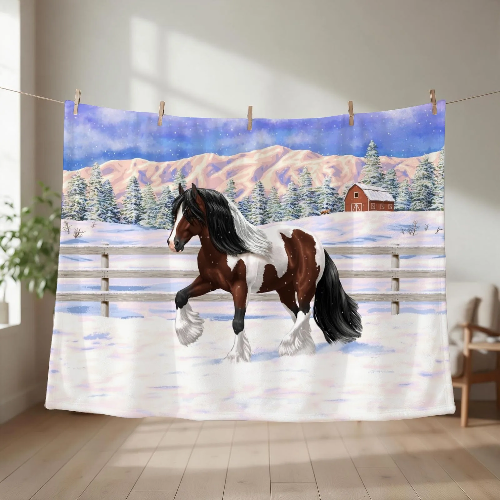Brown Bay Pinto Skewbald Gypsy Vanner Draft Horse In Snow Throw Blanket couch cozy soft plush fuzzy picnic outdoor blanket