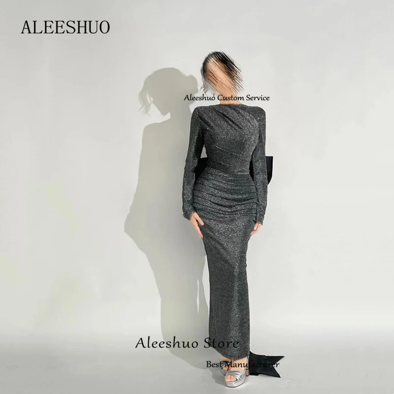 Aleeshuo Sexy Sparkle Prom Dress High Neck Long Sleeves Evening Dress Backless With Bow Ankle-Length Party Dress Saudi Arabia