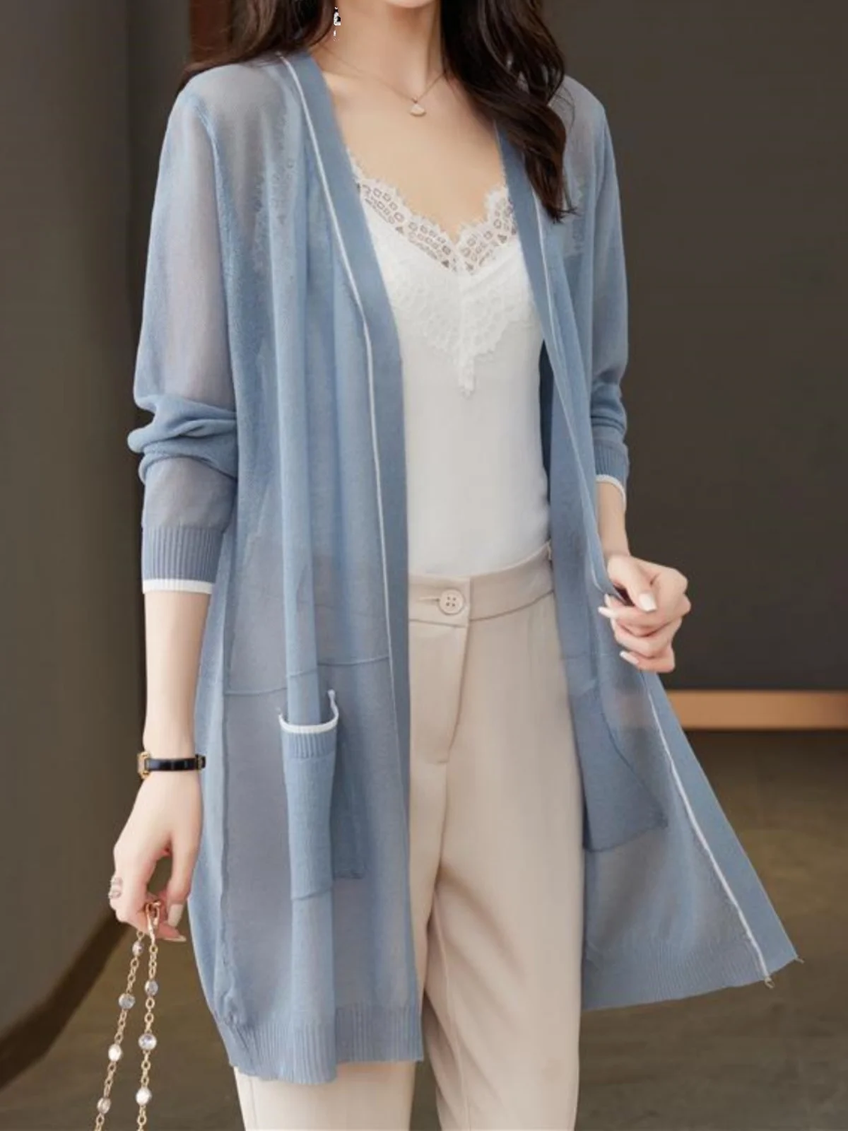 

Summer Loose plus Size Slimming Thin Sun Protection Women's Outerwear Ice Silk Knitted Sweater Comfortable V-Ne Long Sve