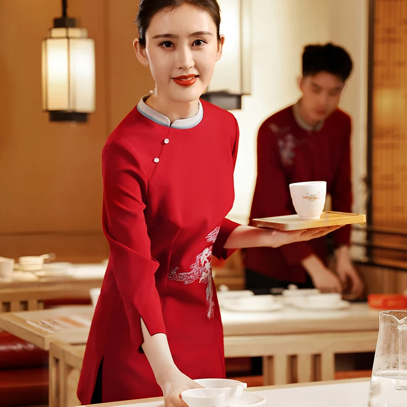 Hotel Waiter Long Sleeve Red Long Shirt+Black Pants Set Chinese Catering Hotpot Custom Logo Work Clothing Wholesales Uniform