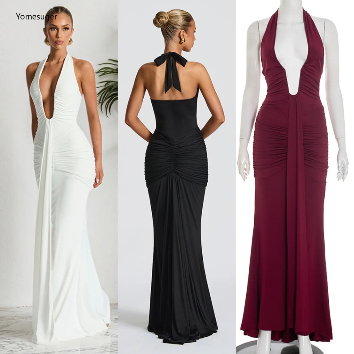 

Yomesugar Sexy Backless Long Evening Dress Women Halter Deep V-neck Ruched Bodycon Maxi Dress Summer Beach Vacation Clubwear