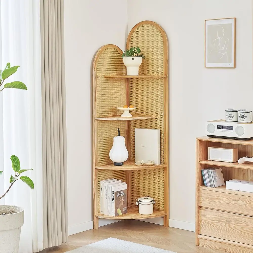 

4-Tier 70 Tall Solid Wood and Rattan Shelving Unit, Book Organizer, Plant Stand for Living Room Decor, Ideal for Small Spaces (N