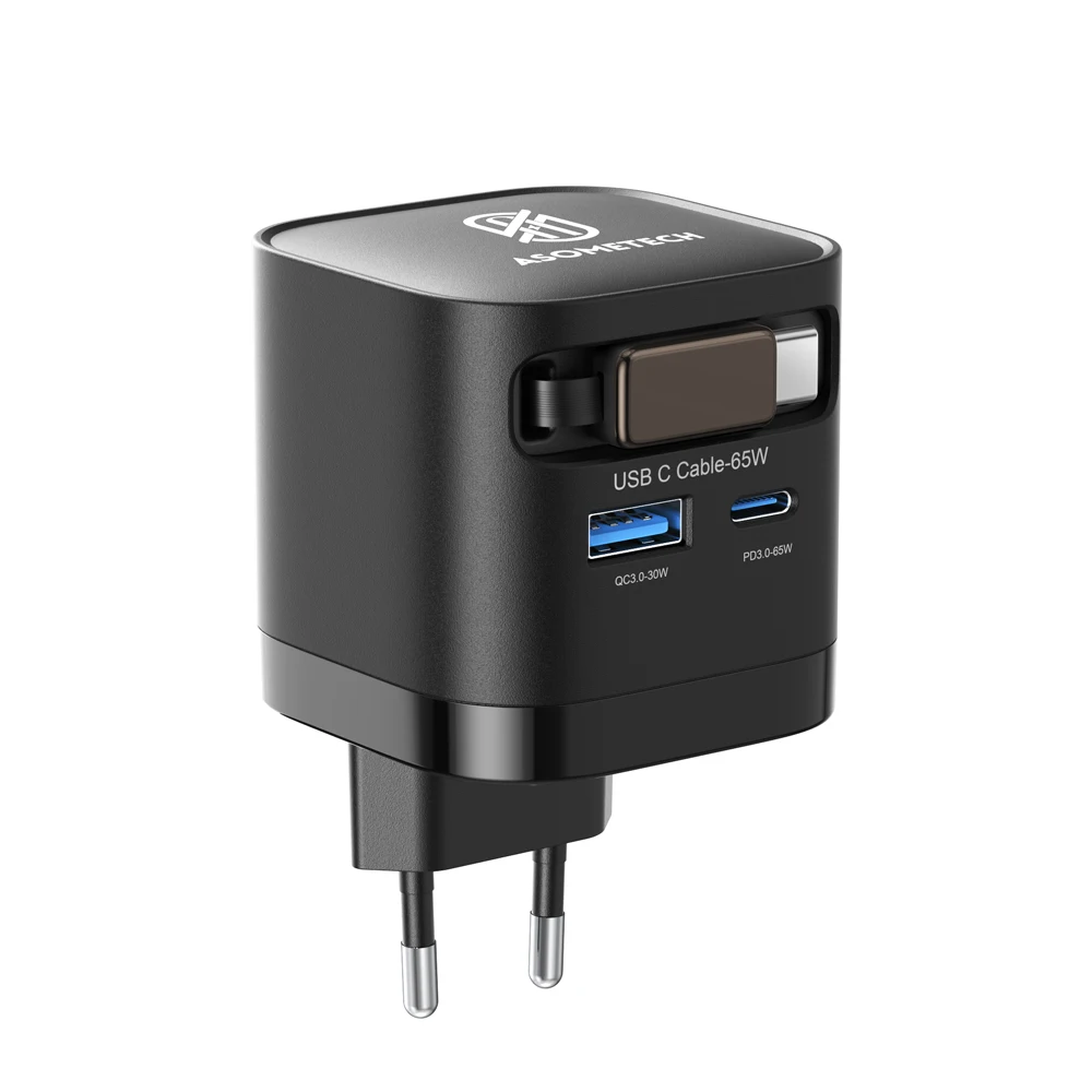 65 W GaN USB-Ladegerät mit Typ C einziehbarem Kabel 3 Port QC4.0 PD3.0 PPS Schnellladegerät für MacBook Laptop iPhone 16 15 14 Xiaomi
